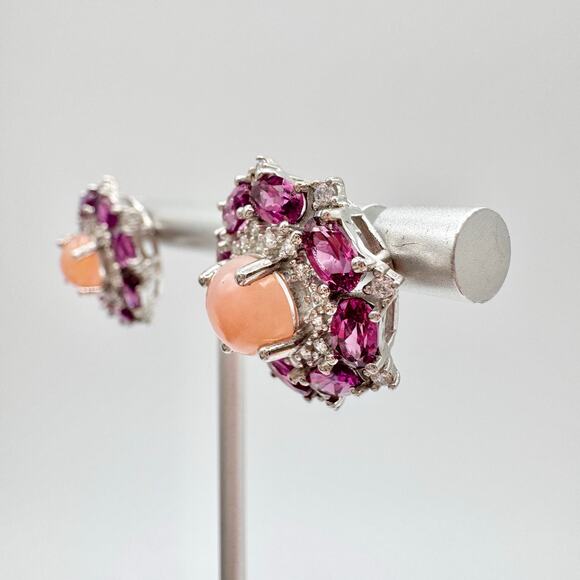 Rodolite Garnet Pink Opal CZ Silver Stud Earrings Tested Opulent Princesscore - Picture 3 of 15